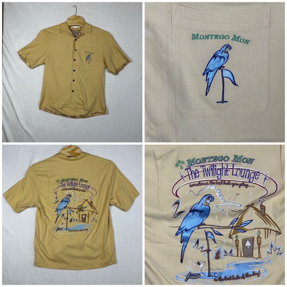 Montego Mon Shirt Silk Hawaiian Parrot Wooden Buttonโ L